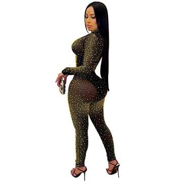 Womens Sexy 2 Pieces Mesh Rhinestone Crop Tops Shirts Bodycon Pants Party Clubwear Tracksuit Outfits Set(Golden,L)