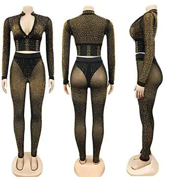 Womens Sexy 2 Pieces Mesh Rhinestone Crop Tops Shirts Bodycon Pants Party Clubwear Tracksuit Outfits Set(Golden,L)