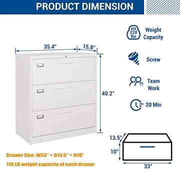 Fesbos Lateral File Cabinet with Lock, 3 Drawer Large Metal Filing Cabinet,Home Office Lockable Storage Cabinet for Hanging Files Letter/Legal/F4/A4 Size-Assembly Required