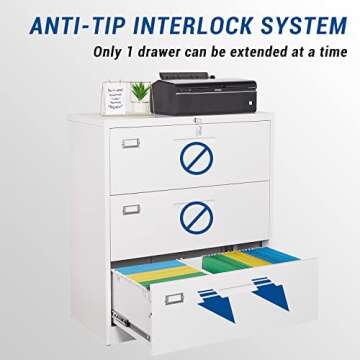 Fesbos Lateral File Cabinet with Lock, 3 Drawer Large Metal Filing Cabinet,Home Office Lockable Storage Cabinet for Hanging Files Letter/Legal/F4/A4 Size-Assembly Required