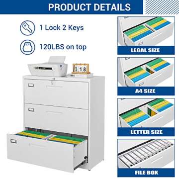Fesbos Lateral File Cabinet with Lock, 3 Drawer Large Metal Filing Cabinet,Home Office Lockable Storage Cabinet for Hanging Files Letter/Legal/F4/A4 Size-Assembly Required