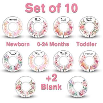 Baby Closet Size Dividers for Clothes - Set of 10 from Newborn to Toddler and 2 Blanks with Colored Box- Flower Designs Baby Closet Organizer for Nursery - Baby Clothes Organizer for Girl - [Floral]
