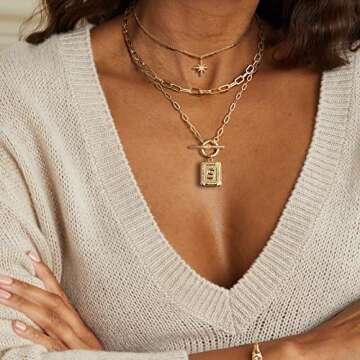 MJartoria Layered Initial Necklaces for Women Trendy, 14K Gold Plated Simple Star Choker Square Lett...