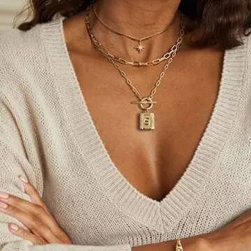 MJartoria Layered Initial Necklaces for Women Trendy, 14K Gold Plated Simple Star Choker Square Lett...