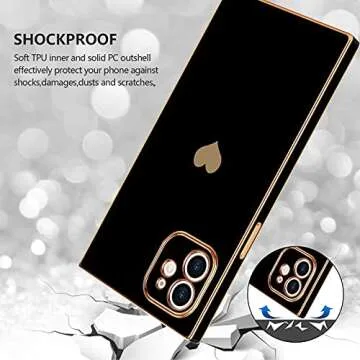 Urarssa Compatible with iPhone 12 Case Rectangle Cute Plating Gold Luxury Love Heart Phone Case for Women Girls Shockproof Raised Full Camera Lens Protection Bumper Cover for iPhone 12, Black