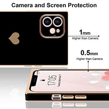 Urarssa Compatible with iPhone 12 Case Rectangle Cute Plating Gold Luxury Love Heart Phone Case for Women Girls Shockproof Raised Full Camera Lens Protection Bumper Cover for iPhone 12, Black