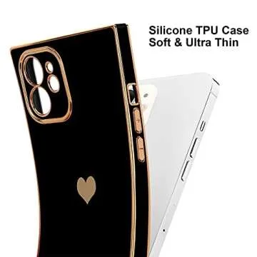 Urarssa Compatible with iPhone 12 Case Rectangle Cute Plating Gold Luxury Love Heart Phone Case for Women Girls Shockproof Raised Full Camera Lens Protection Bumper Cover for iPhone 12, Black