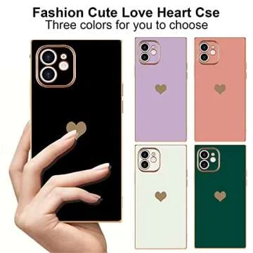 Urarssa Compatible with iPhone 12 Case Rectangle Cute Plating Gold Luxury Love Heart Phone Case for Women Girls Shockproof Raised Full Camera Lens Protection Bumper Cover for iPhone 12, Black