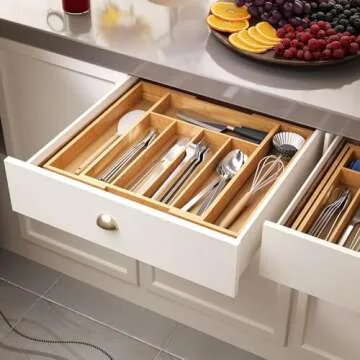 Fibogollo Expandable Kitchen Drawer Organizer,Bamboo Silverware Organizer for Utensils,Adjustable Flatware Tray(14.96 * 11.69~19.68 * 1.96)