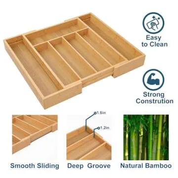 Fibogollo Expandable Kitchen Drawer Organizer,Bamboo Silverware Organizer for Utensils,Adjustable Flatware Tray(14.96 * 11.69~19.68 * 1.96)