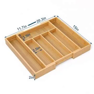 Fibogollo Expandable Kitchen Drawer Organizer,Bamboo Silverware Organizer for Utensils,Adjustable Flatware Tray(14.96 * 11.69~19.68 * 1.96)