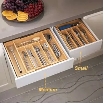 Fibogollo Expandable Kitchen Drawer Organizer,Bamboo Silverware Organizer for Utensils,Adjustable Flatware Tray(14.96 * 11.69~19.68 * 1.96)