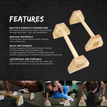 Ultra Fitness Wood Parallettes Set - 17 Inch Wooden Push Up Bar for L Sits, Jump Throughs, Handstand Pushups and Calisthenics
