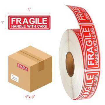 Fragile - 1"x3" Handle with Care Shipping Stickers, 1000 Labels Per Roll