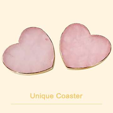 Rose Quartz Decor Coasters for Drinks Set of 4,Natural Pink Agate Sliced Coasters with Golden Edge for Gifts,Home Decor,Crystal Gemstone Decor Coasters for Coffee Table(3''-4'',Heart) (KISMMS07)