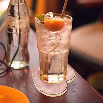 Rose Quartz Decor Coasters for Drinks Set of 4,Natural Pink Agate Sliced Coasters with Golden Edge for Gifts,Home Decor,Crystal Gemstone Decor Coasters for Coffee Table(3''-4'',Heart) (KISMMS07)