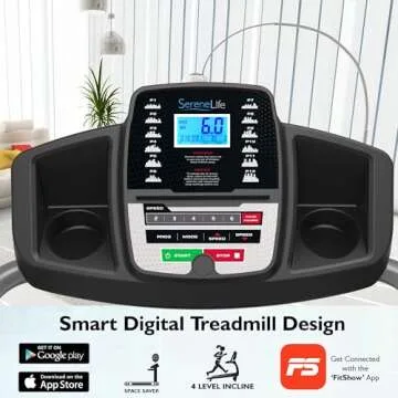 SereneLife - Electric Folding Treadmill Exercise Machine - Smart Compact Digital Workout Fitness Trainer w/ Bluetooth App Sync, Manual Incline Adjustment, For Walking, Running, Gym