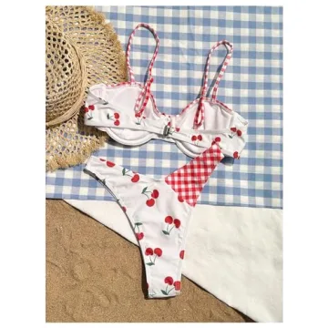 Stylish BEAUDRM Women's Y2K Gingham Bow Bikini Set