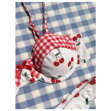 Stylish BEAUDRM Women's Y2K Gingham Bow Bikini Set