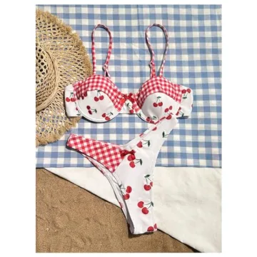Stylish BEAUDRM Women's Y2K Gingham Bow Bikini Set