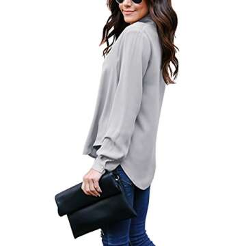 Hiistandd Women's Cuffed Long Sleeve Casual V Neck Chiffon Blouses Tops with Tie(Gray,S)