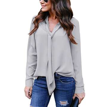 Hiistandd Women's Cuffed Long Sleeve Casual V Neck Chiffon Blouses Tops with Tie(Gray,S)