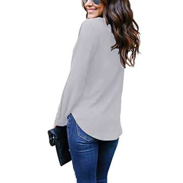 Hiistandd Women's Cuffed Long Sleeve Casual V Neck Chiffon Blouses Tops with Tie(Gray,S)