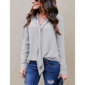 Hiistandd Women's Cuffed Long Sleeve Casual V Neck Chiffon Blouses Tops with Tie(Gray,S)