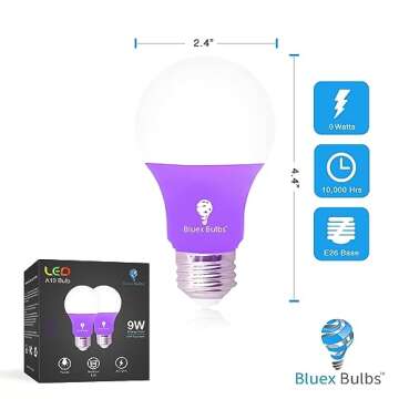 Bluex Bulbs 2 Pack LED A19 Purple Light Bulb - 9W (60Watt Equivalent) - E26 Base LED Purple Bulb, Pa...