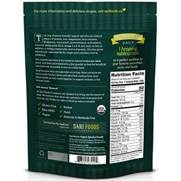 Organic Spirulina Powder (16 Ounce): Naturally Vegan, Supplies Folate, Vitamin B12, Iron, Omega Fatty Acids, GLA, Beta Carotene, Chlorophyll, Amino Acids
