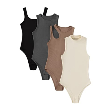 Milumia Women's 4 Piece Bodysuit Ribbed Sleeveless Crewneck Solid Basic Bodysuits Grey Black Brown Beige Small