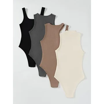 Milumia Women's 4 Piece Bodysuit Ribbed Sleeveless Crewneck Solid Basic Bodysuits Grey Black Brown Beige Small