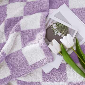 WRENSONGE Checkered Throw Blanket, Purple Microfiber Soft Cozy Fluffy Warm Hand Made Throw Blankets for Couch, Sofa, Chair, Bed, Camping, Picnic, Travel Lightweight Bed Blanket - 50"*70"