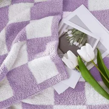 WRENSONGE Checkered Throw Blanket, Purple Microfiber Soft Cozy Fluffy Warm Hand Made Throw Blankets for Couch, Sofa, Chair, Bed, Camping, Picnic, Travel Lightweight Bed Blanket - 50"*70"