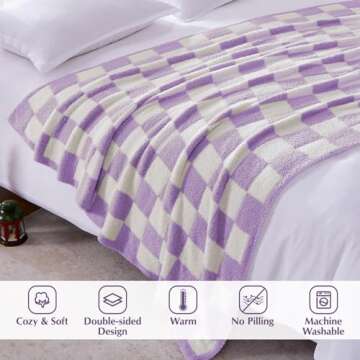 WRENSONGE Checkered Throw Blanket, Purple Microfiber Soft Cozy Fluffy Warm Hand Made Throw Blankets for Couch, Sofa, Chair, Bed, Camping, Picnic, Travel Lightweight Bed Blanket - 50"*70"