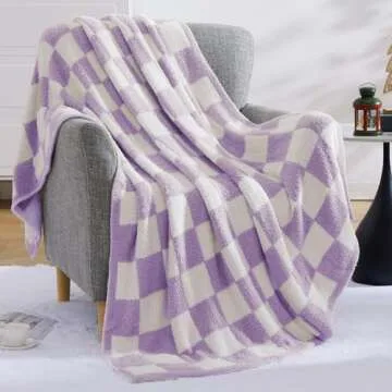 WRENSONGE Checkered Throw Blanket, Purple Microfiber Soft Cozy Fluffy Warm Hand Made Throw Blankets for Couch, Sofa, Chair, Bed, Camping, Picnic, Travel Lightweight Bed Blanket - 50"*70"