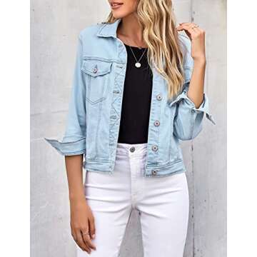 LookbookStore Denim Jacket for Women Blue Jean Jackets 2025 Spring Stretchy Trucker Jackets Button Down Jackets Lightweight Size S Light Blue Fall Jean Jacket Size 4 6