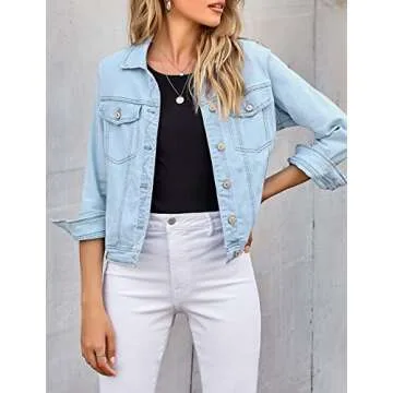 LookbookStore Denim Jacket for Women Blue Jean Jackets 2025 Spring Stretchy Trucker Jackets Button Down Jackets Lightweight Size S Light Blue Fall Jean Jacket Size 4 6