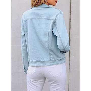 LookbookStore Denim Jacket for Women Blue Jean Jackets 2025 Spring Stretchy Trucker Jackets Button Down Jackets Lightweight Size S Light Blue Fall Jean Jacket Size 4 6