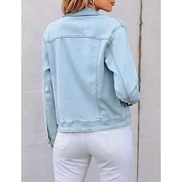 LookbookStore Denim Jacket for Women Blue Jean Jackets 2025 Spring Stretchy Trucker Jackets Button Down Jackets Lightweight Size S Light Blue Fall Jean Jacket Size 4 6