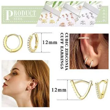 LOYALLOOK 10Pairs Stainless Steel Stud Earring Set Moon Star Bar Earrings Lotus Ear Jacket CZ Cuff Hoop Huggie Cartilage Earring for Women, Gold