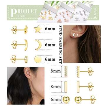 LOYALLOOK 10Pairs Stainless Steel Stud Earring Set Moon Star Bar Earrings Lotus Ear Jacket CZ Cuff Hoop Huggie Cartilage Earring for Women, Gold
