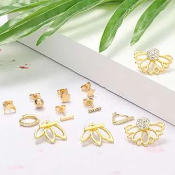 LOYALLOOK 10Pairs Stainless Steel Stud Earring Set Moon Star Bar Earrings Lotus Ear Jacket CZ Cuff Hoop Huggie Cartilage Earring for Women, Gold