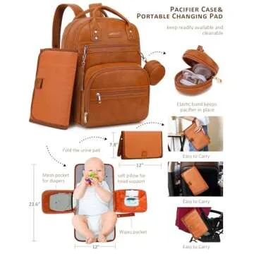 ROSEGIN Vegan Leather Diaper Bag Backpack for Boy Girl with Changing Pad and Pacifier Case, Waterproof, Travel Baby Bag Backpack for Mom Dad, Perfect Baby Shower Gifts, Brown