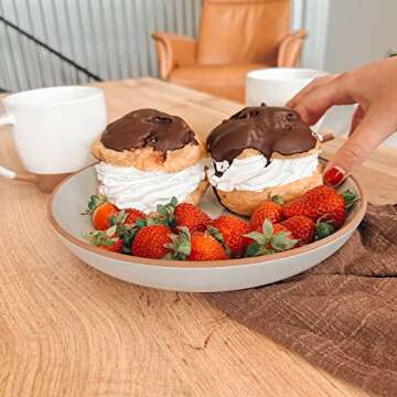 Mora Ceramic Large Pasta Bowls 30oz, Set of 4 - Serving, Salad, Dinner, etc Plate/Wide Bowl - Microwave, Oven, Dishwasher Safe Kitchen Dinnerware - Modern Porcelain Stoneware Dishes, Vanilla & Grey