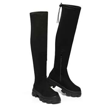 DREAM PAIRS Women's Over The Knee Platform Thigh High Boots Long Stretch Soft Chunky Lug Sole Fall Boots,Size 7.5,Black/Suede,SDOB222W