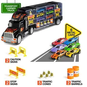 Play22 Semi Truck Toys for Boys Ages 3-5 - 17 in 1 Kids Toys Truck Transport Car Carrier with 6 Cars, 11 Accessories, Birthday Gifts Toys for 3 Year Old Boys, Toddler Boy Toys