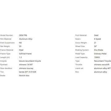 20in 6 Speed Recumbent 3 Wheel Tricycle Bike