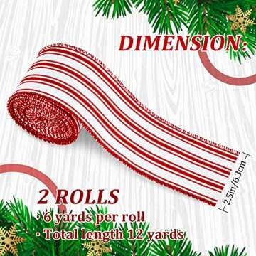Whaline 2 Rolls Christmas Wired Edge Ribbon Christmas White Red Striped Fabric Ribbon Farmhouse Craf...