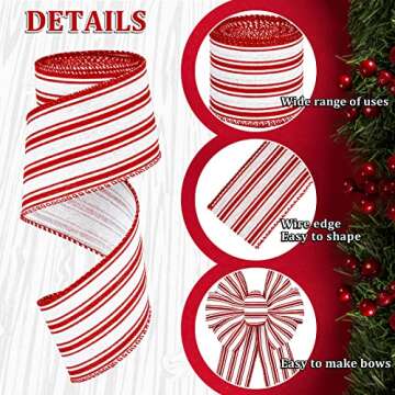 Whaline 2 Rolls Christmas Wired Edge Ribbon Christmas White Red Striped Fabric Ribbon Farmhouse Craft Ribbon for DIY Gift Wrapping Wreath Floral Arrangement Bow Decoration,2.5 Inch x 12 Yard